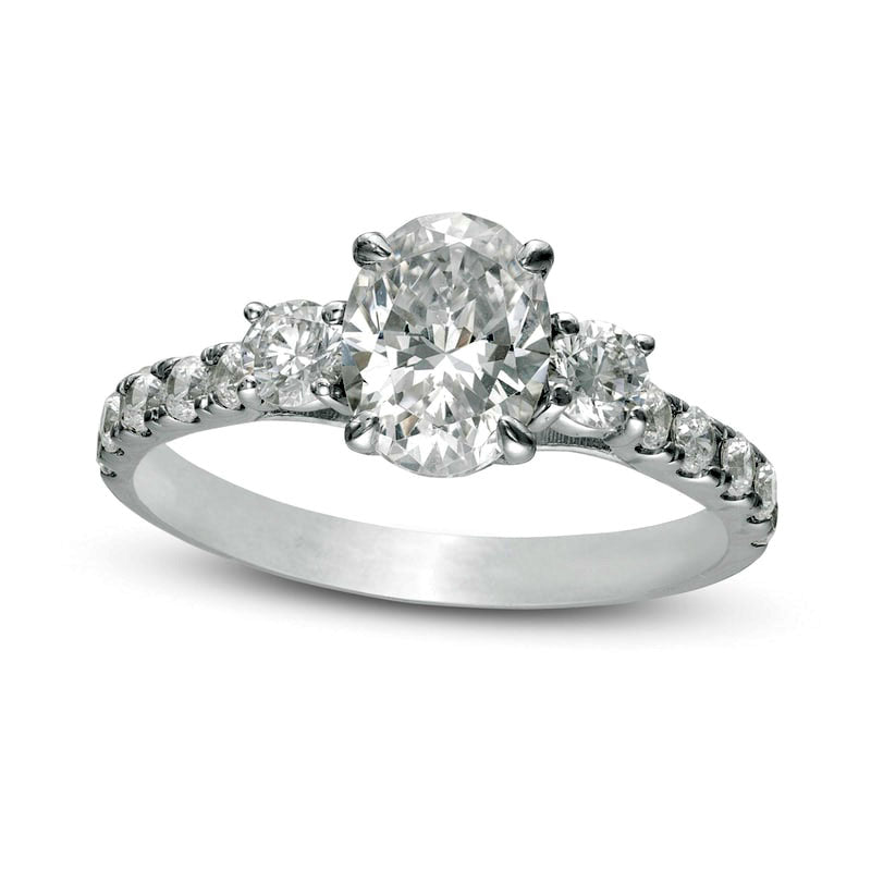 1.75 CT. T.W. Oval and Round Natural Diamond Three Stone Engagement Ring in Solid 14K White Gold