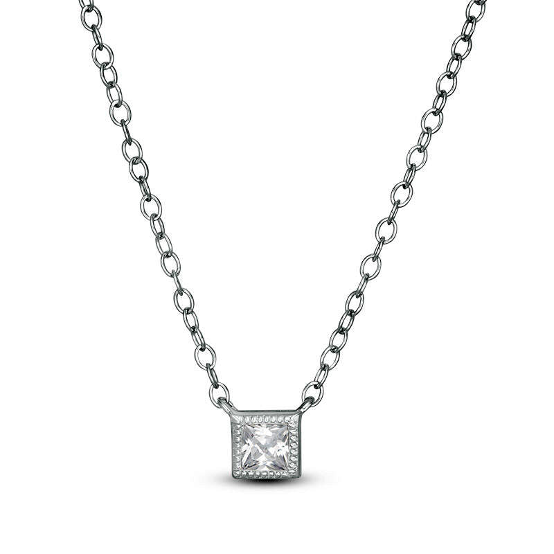 1/5 CT. Princess-Cut Natural Clarity Enhanced Solitaire Antique Vintage-Style Necklace in 10K White 