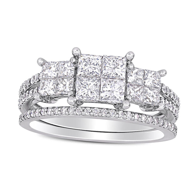 1.33 CT. T.W. Princess-Cut Quad Natural Diamond Three Stone Double Row Bridal Engagement Ring Set in