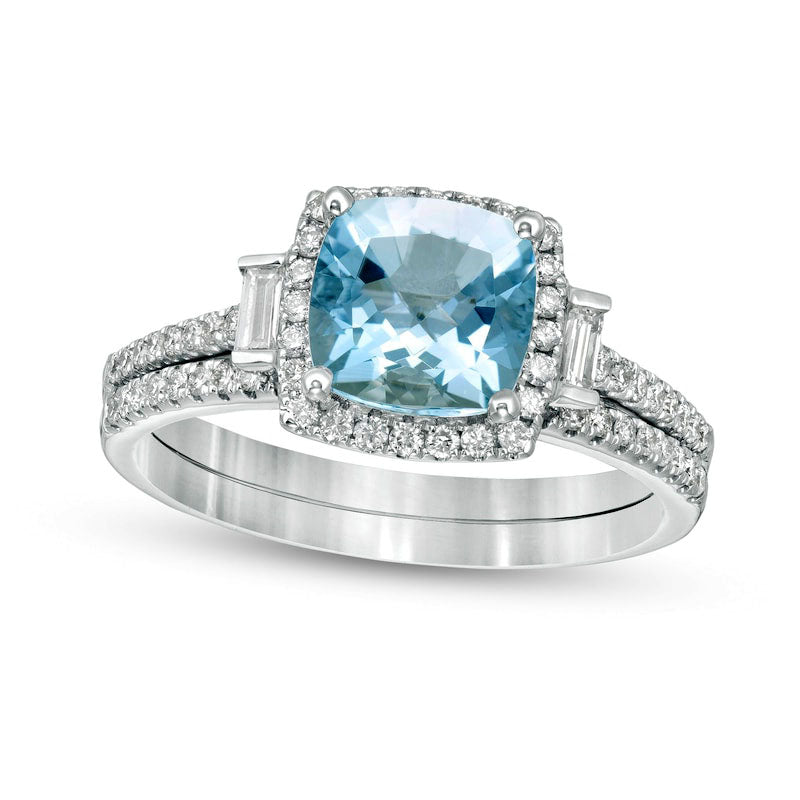 7.0mm Cushion-Cut Aquamarine and 0.33 CT. T.W. Natural Diamond Frame Three Stone Bridal Engagement R