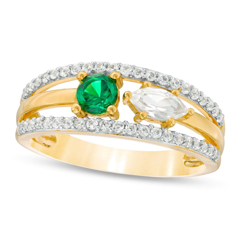 Lab-Created Emerald and White Sapphire Two Stone Triple Row Split Shank Ring in Sterling Silver with