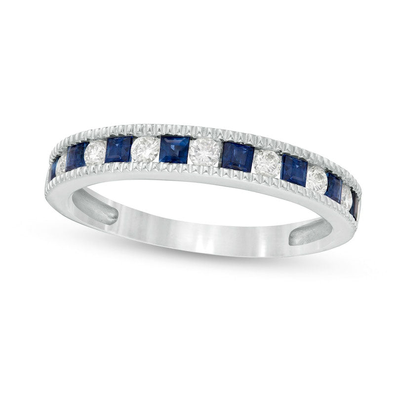 Princess-Cut Blue Sapphire and 0.20 CT. T.W. Natural Diamond Milgrain Border Alternating Geometric B