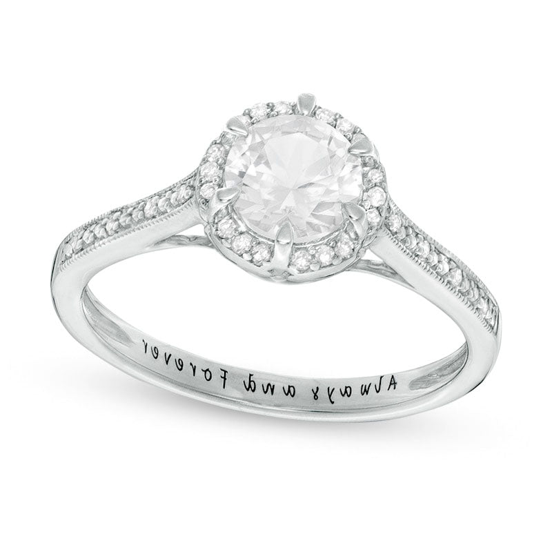 6.0mm Lab-Created White Sapphire and 0.07 CT. T.W. Diamond Frame Antique Vintage-Style Promise Ring 