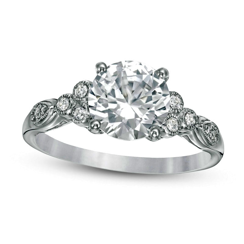 8.0mm Lab-Created White Sapphire and 0.10 CT. T.W. Diamond Tri-Sides Antique Vintage-Style Ring in S