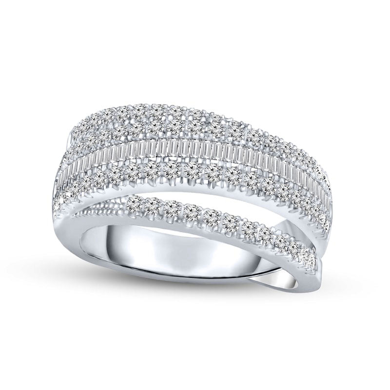 1.0 CT. T.W. Baguette and Round Natural Diamond Multi-Row Band in Solid 14K White Gold