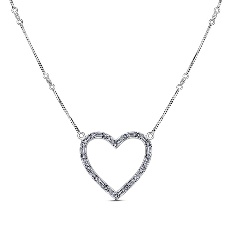 0.5 CT. T.W. Baguette and Round Natural Diamond Heart Outline Necklace in 10K White Gold