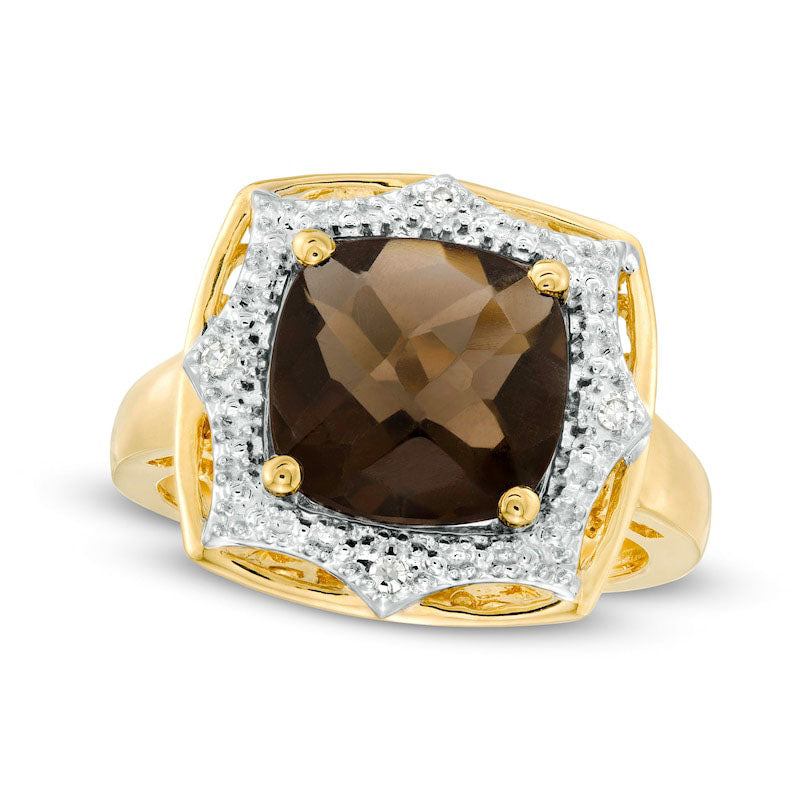 10.0mm Cushion-Cut Smoky Quartz and Natural Diamond Accent Sunburst Frame Ring in Solid 10K Yellow G