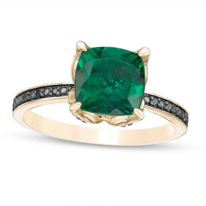 8.0mm Cushion-Cut Lab-Created Emerald and 0.05 CT. T.W. Enhanced Black Diamond Flower Engagement Rin