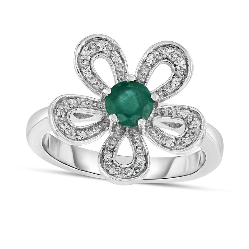 5.0mm Emerald and 0.05 CT. T.W. Natural Diamond Open Flower Ring in Sterling Silver