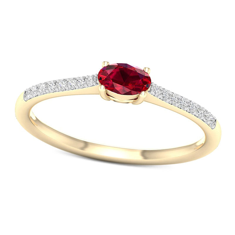 Sideways Oval Ruby and 0.07 CT. T.W. Natural Diamond Stackable Ring in Solid 10K Yellow Gold