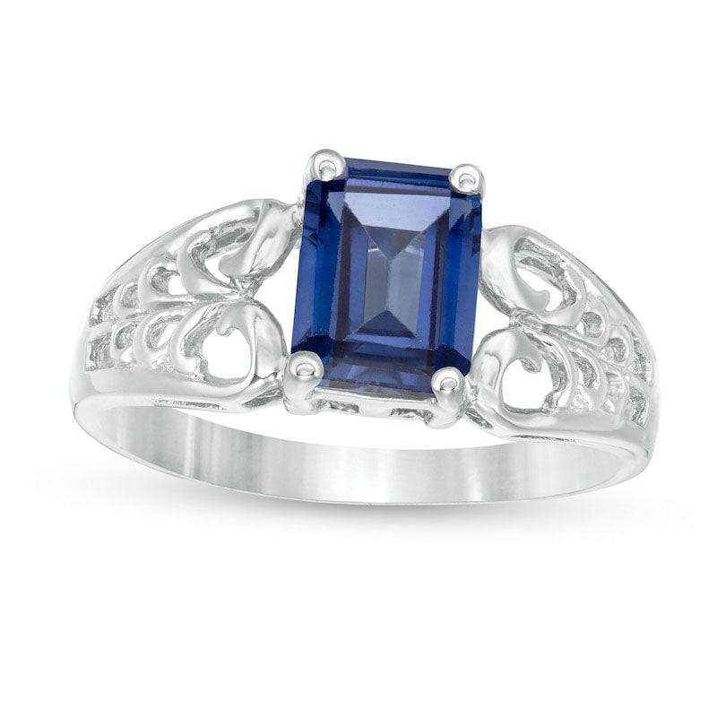 Emerald-Cut Lab-Created Blue Sapphire Open Scroll Ring in Solid 10K White Gold