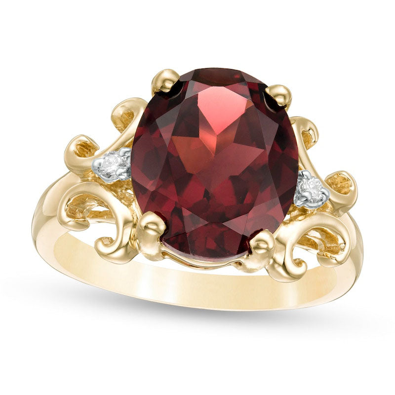 Oval Garnet and 0.05 CT. T.W. Natural Diamond Scroll Frame Ring in Solid 10K Yellow Gold