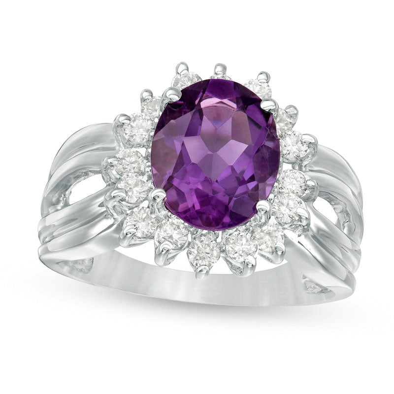 Oval Amethyst and 0.50 CT. T.W. Natural Diamond Starburst Frame Split Shank Ring in Solid 10K White 