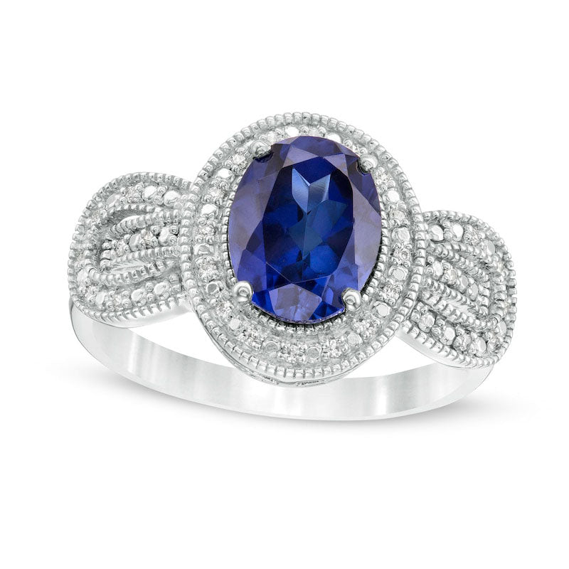 Oval Lab-Created Blue Sapphire and 0.07 CT. T.W. Diamond Antique Vintage-Style Buckle Loop Ring in S