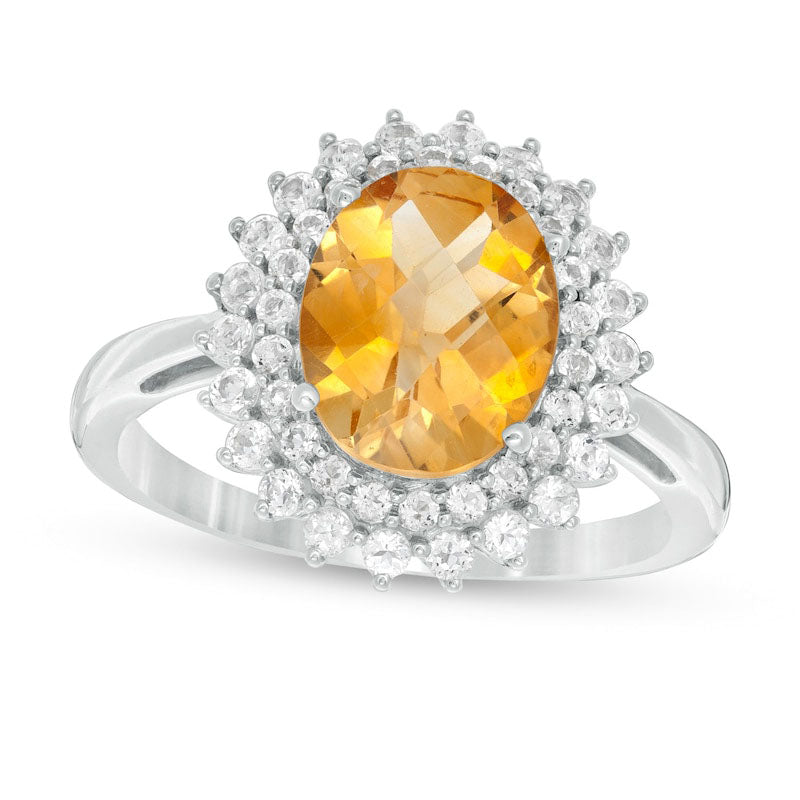 Oval Citrine and White Topaz Starburst Double Frame Ring in Sterling Silver