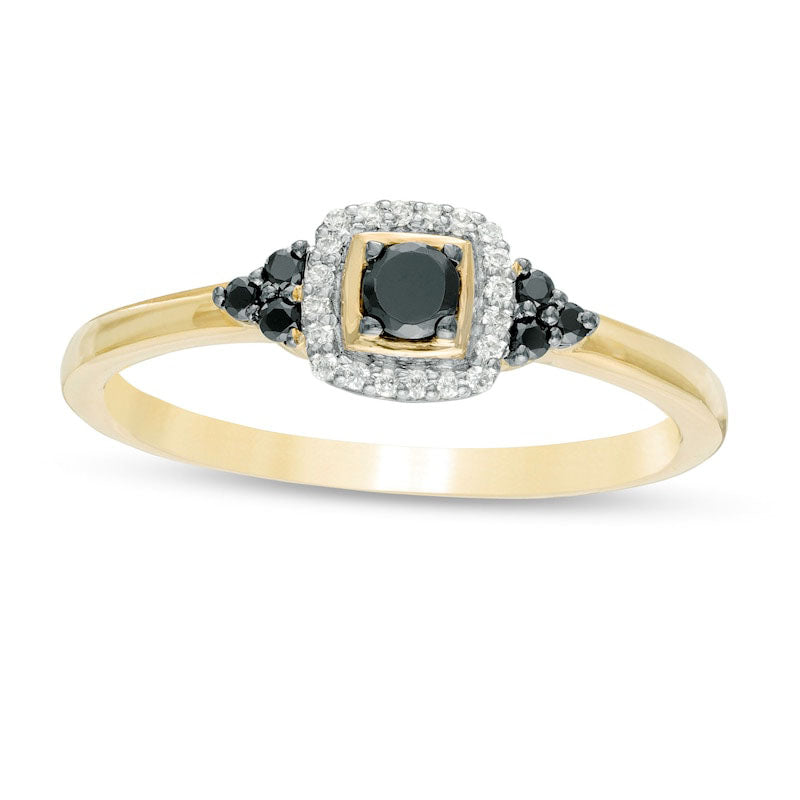 0.20 CT. T.W. Enhanced Black and White Natural Diamond Cushion Frame Tri-Sides Promise Ring in Solid