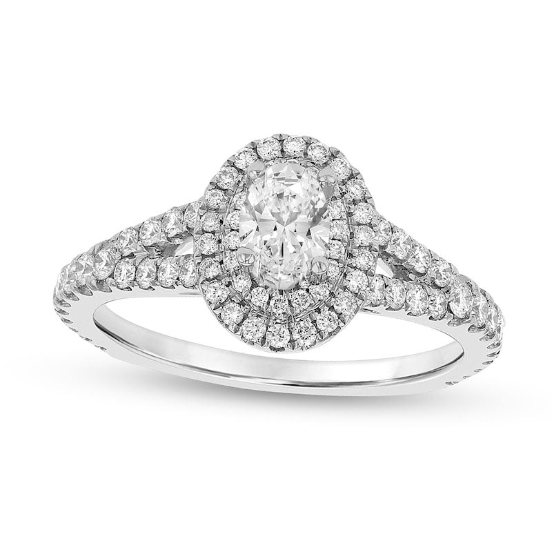 0.88 CT. T.W. Oval Natural Diamond Double Frame Split Shank Engagement Ring in Solid 18K White Gold 