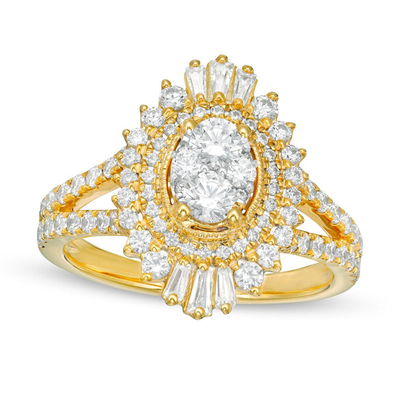 1.25 CT. T.W. Composite Natural Diamond Oval Starburst Frame Split Shank Ring in Solid 14K Gold