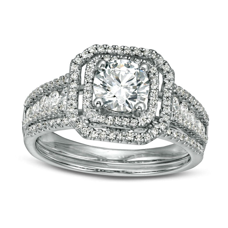 1.38 CT. T.W. Natural Diamond Double Octagonal Frame Multi-Row Bridal Engagement Ring Set in Solid 1