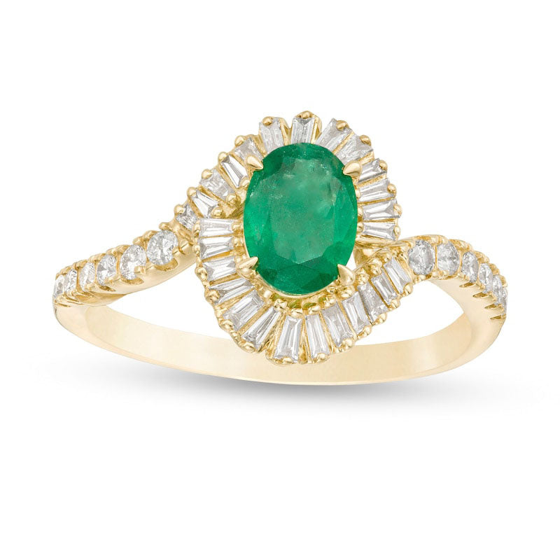 Oval Emerald and 0.38 CT. T.W. Natural Diamond Frame Bypass Ring in Solid 10K Yellow Gold