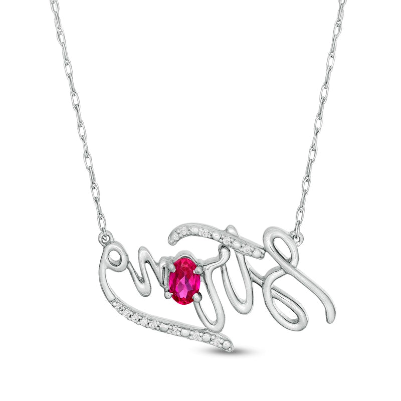 Oval Lab-Created Ruby and Diamond Accent "Strong" Script Necklace in Sterling Silver