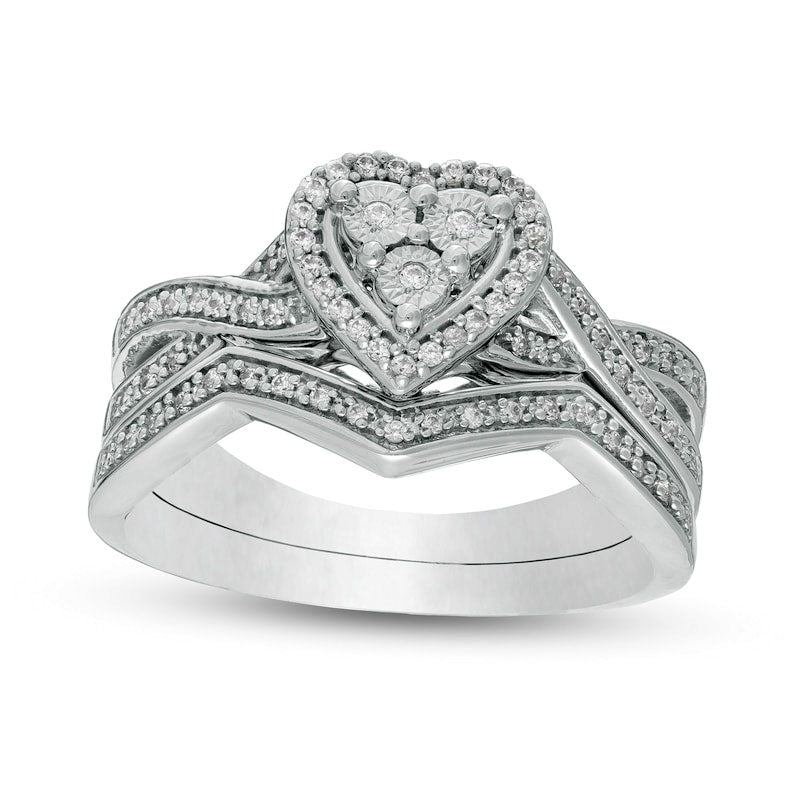 0.25 CT. T.W. Composite Natural Diamond Heart Frame Twist Shank Bridal Engagement Ring Set in Sterli