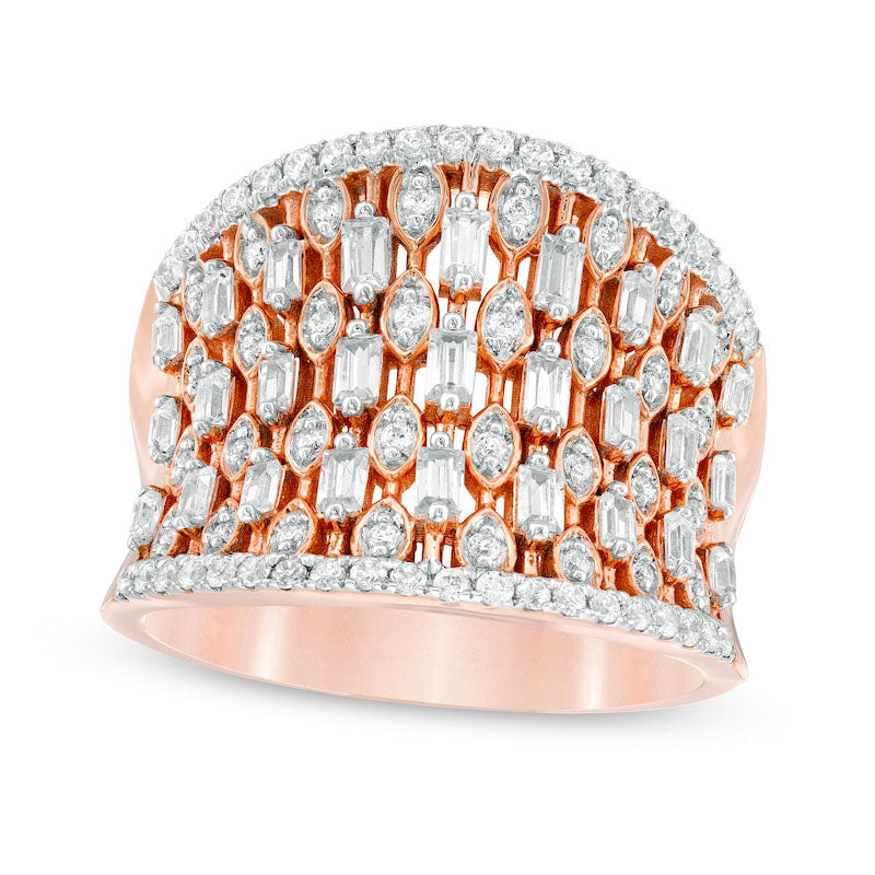 0.75 CT. T.W. Baguette and Round Natural Diamond Multi-Row Concave Dome Ring in Solid 10K Rose Gold