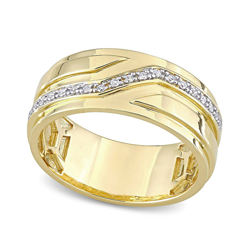 Men's 0.10 CT. T.W. Natural Diamond Slant Stepped Edge Band in Sterling Silver with Yellow Rhodi