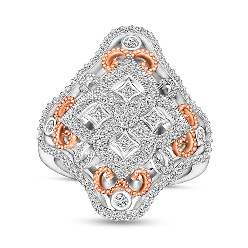 0.63 CT. T.W. Natural Diamond Ornate Flower Ring in Sterling Silver with Rose Rhodium