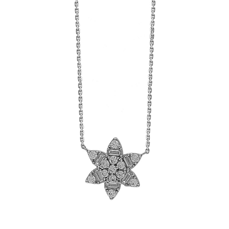 0.5 CT. T.W. Composite Baguette and Round Natural Diamond Flower Necklace in 10K White Gold