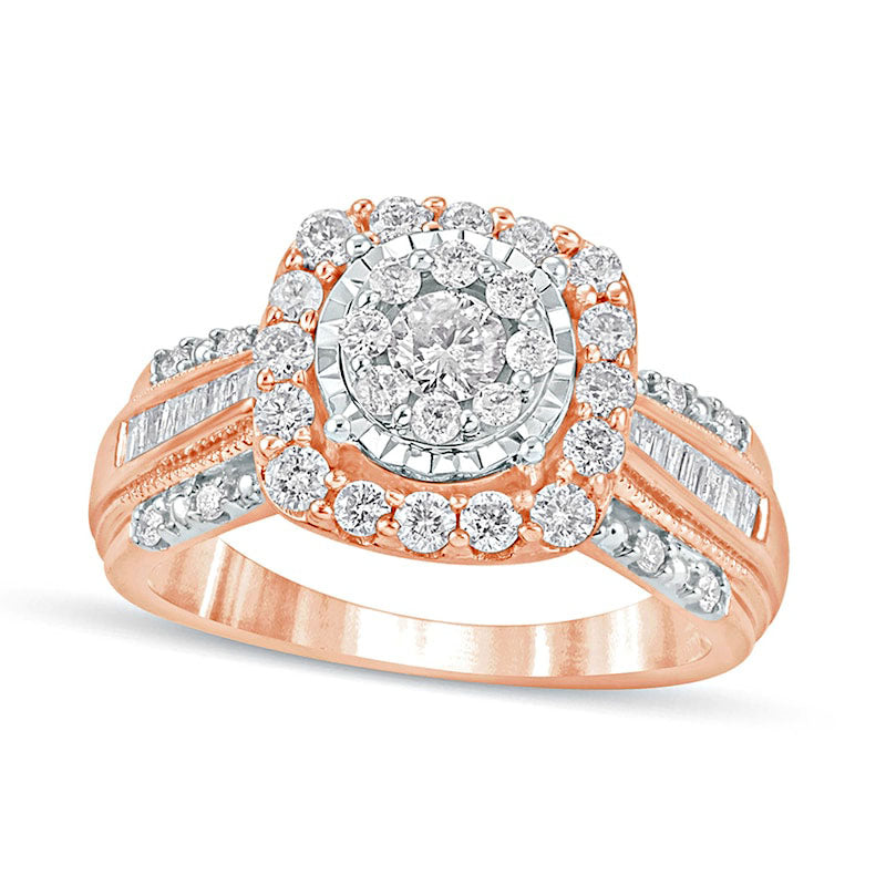 1.0 CT. T.W. Composite Natural Diamond Cushion Frame Antique Vintage-Style Engagement Ring in Solid 