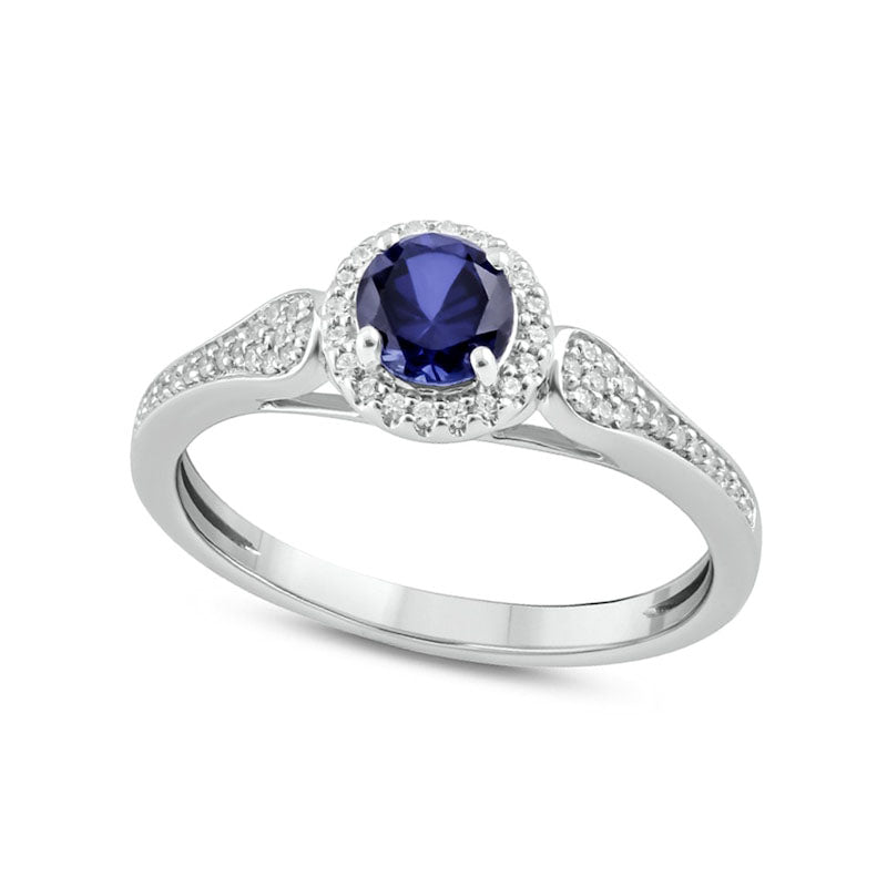 5.0mm Blue Lab-Created Sapphire and 0.13 CT. T.W. Diamond Frame Leaf Accent Loop Shank Ring in Sterl