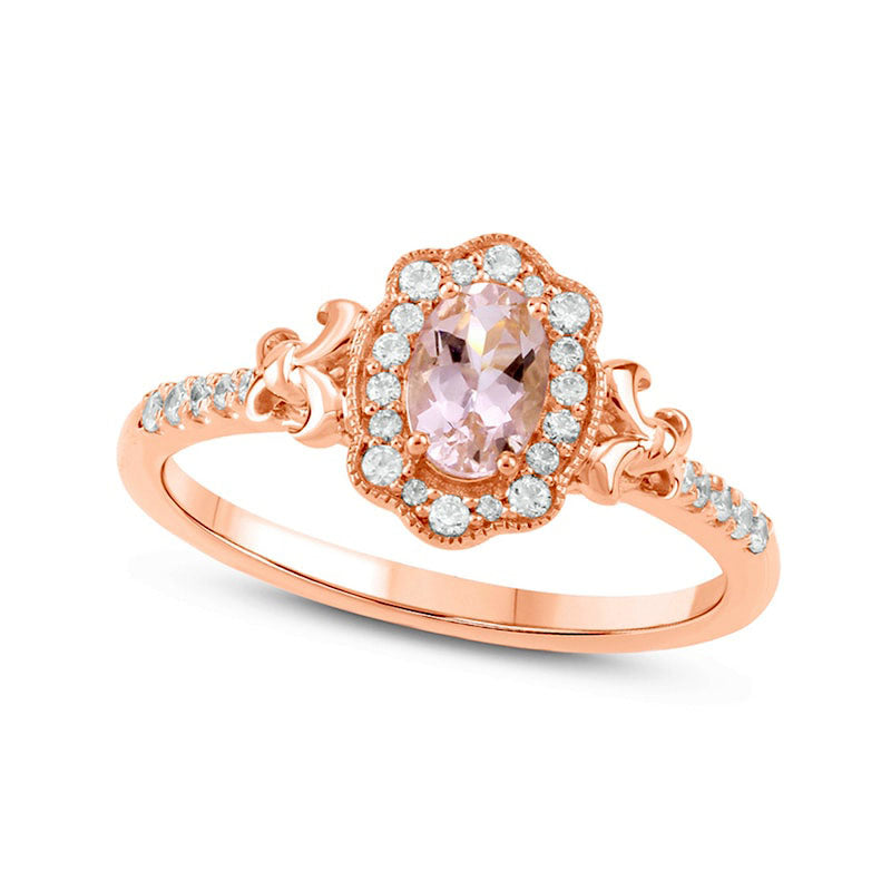 Oval Morganite and 0.13 CT. T.W. Natural Diamond Frame Fleur-de-Lis Side Accent Antique Vintage-Styl