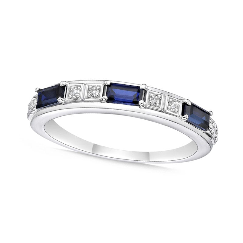 Baguette Lab-Created Blue and White Sapphire Duo Alternating Three Stone Band in Sterling Silver