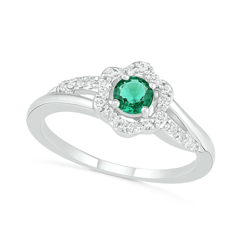 4.0mm Lab-Created Emerald and White Sapphire Frame Bypass Split Shank Flower Ring in Sterling Silver