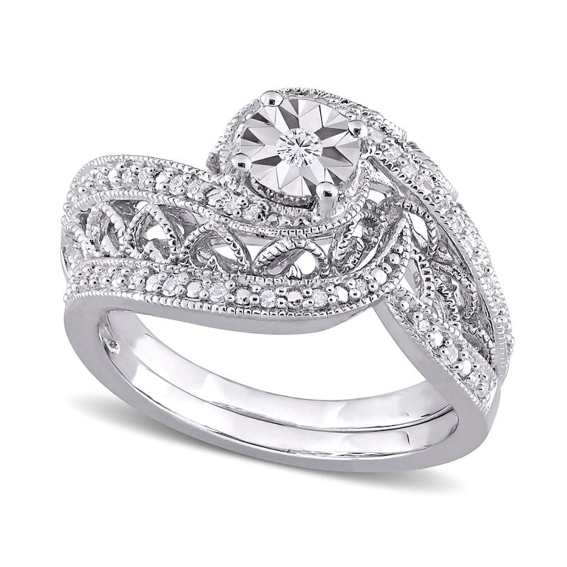 0.20 CT. T.W. Natural Diamond Bypass Frame Antique Vintage-Style Bridal Engagement Ring Set in Sterl