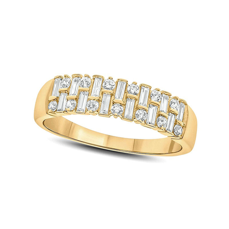 0.50 CT. T.W. Baguette and Round Natural Diamond Alternating Rows Anniversary Ring in Solid 10K Yell