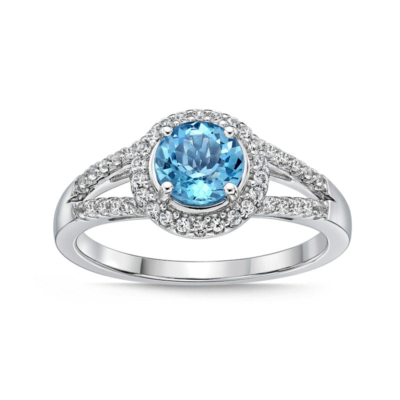 6.0mm Blue and White Topaz Frame Split Shank Ring in Sterling Silver