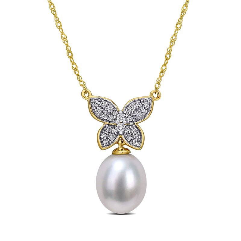 9.0-10.0mm Baroque Cultured Freshwater Pearl Drop and 0.13 CT. T.W. Natural Diamond Butterfly Neckla