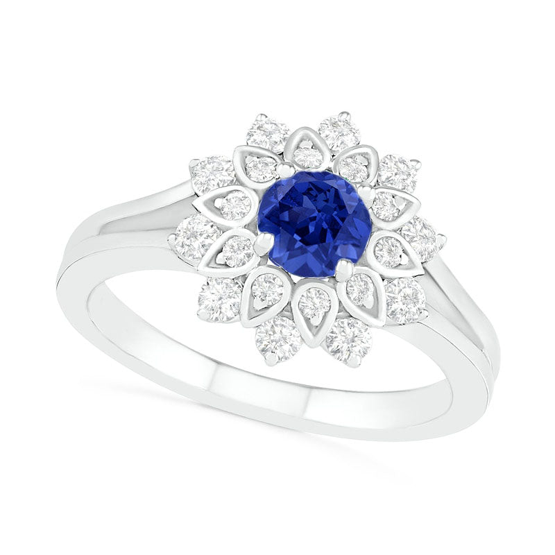 5.0mm Lab-Created Blue and White Sapphire Frame Split Shank Flower Ring in Sterling Silver