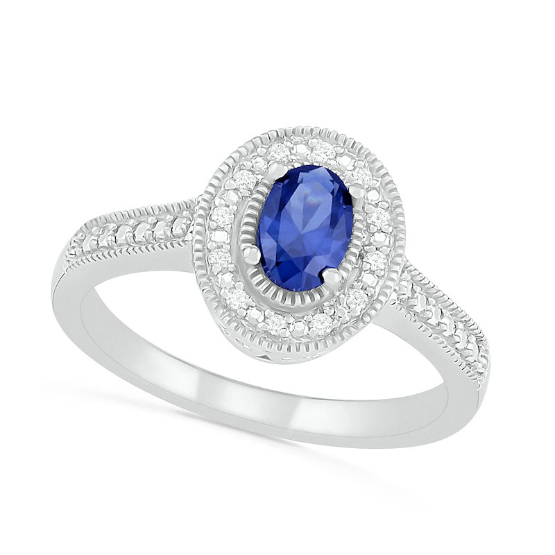 Oval Blue Lab-Created Sapphire and 0.05 CT. T.W. Diamond Frame Antique Vintage-Style Ring in Sterlin