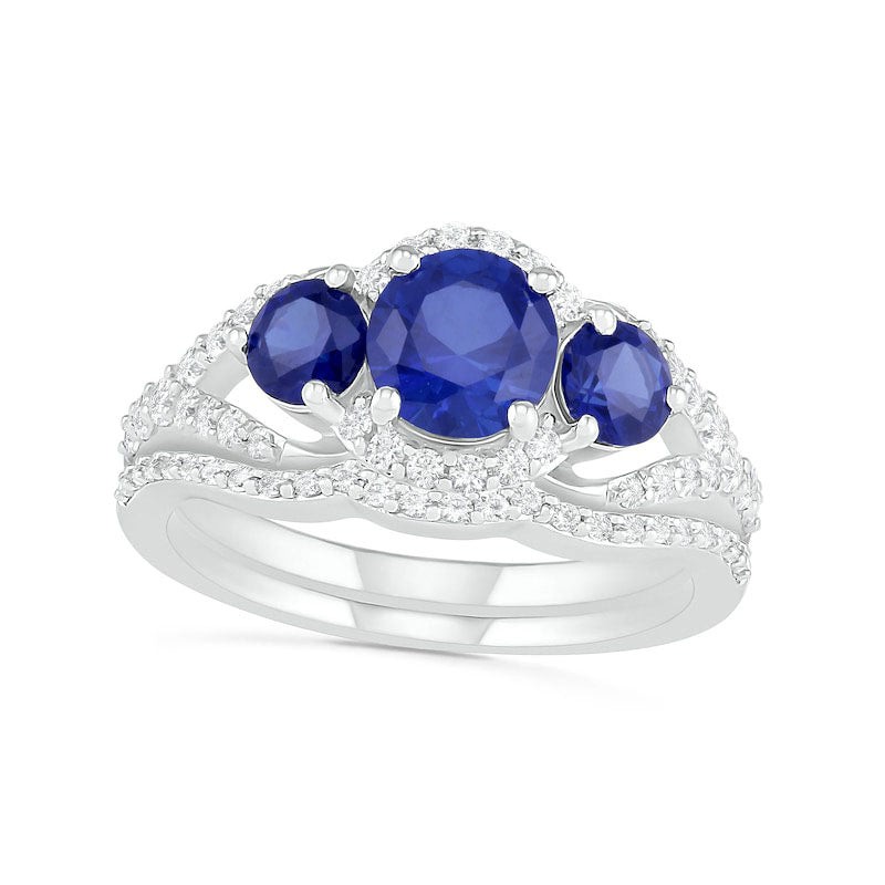 Lab-Created Blue and White Sapphire Frame Three Stone Split Shank Bridal Engagement Ring Set in Ster