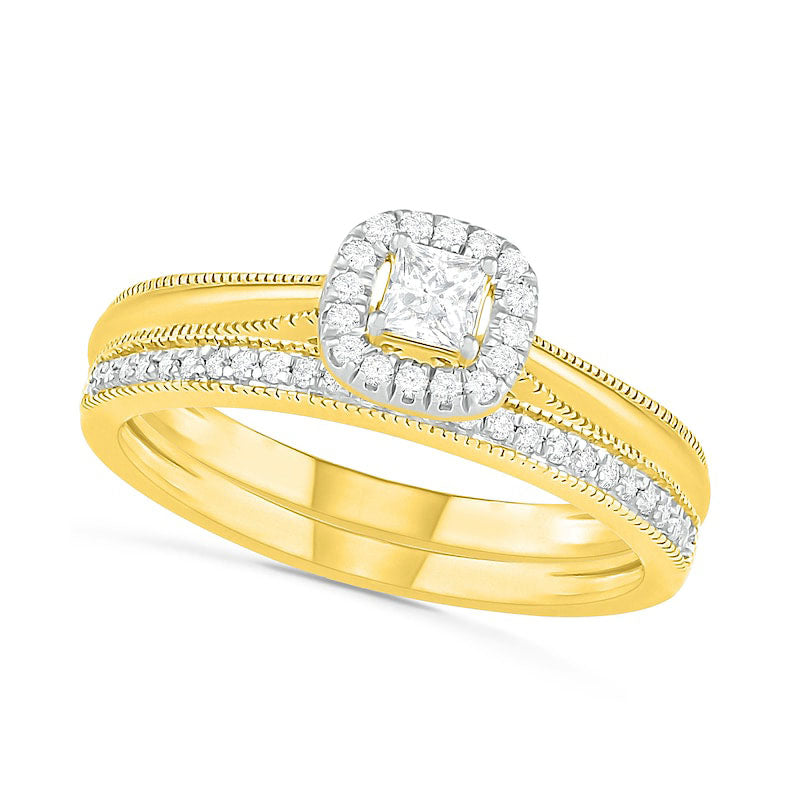 0.33 CT. T.W. Princess-Cut Natural Diamond Frame Antique Vintage-Style Bridal Engagement Ring Set in