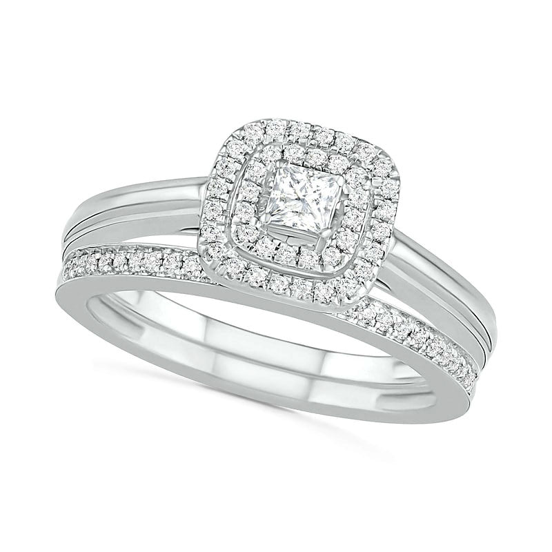 0.38 CT. T.W. Princess-Cut Natural Diamond Double Frame Bridal Engagement Ring Set in Solid 10K Whit