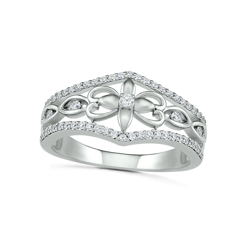 0.33 CT. T.W. Natural Diamond Ornate Flower Ring in Solid 10K White Gold