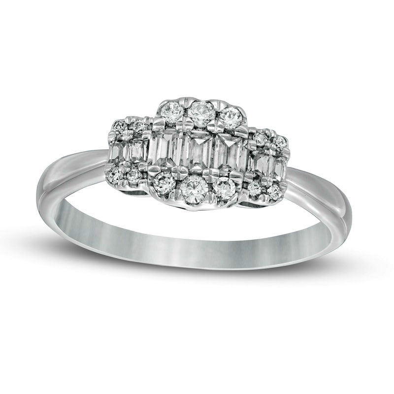 0.33 CT. T.W. Baguette and Round Composite Natural Diamond Three Stone Ring in Solid 10K White Gold