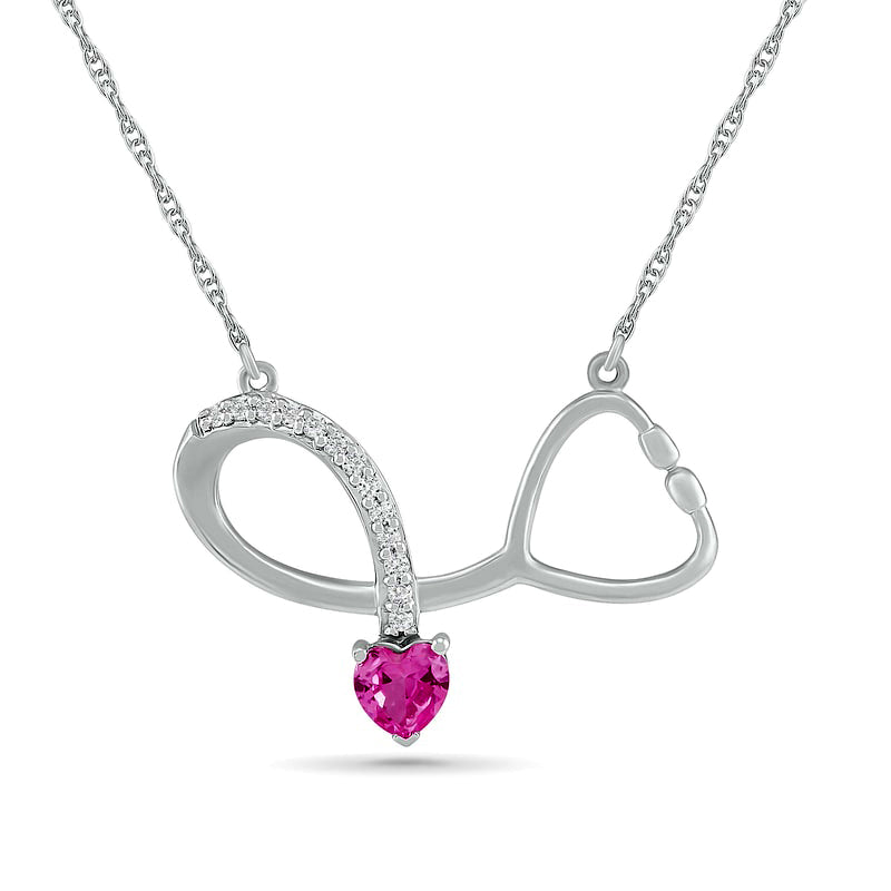 4.0mm Heart-Shaped Lab-Created Pink and White Sapphire Loop Stethoscope Necklace in Sterling Silver