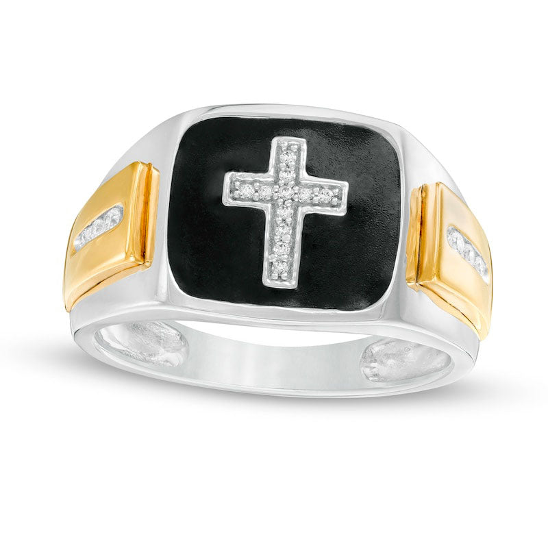 Men's 0.13 CT. T.W. Natural Diamond Cross and Black Enamel Square-Top Stepped Edge Ring in Solid