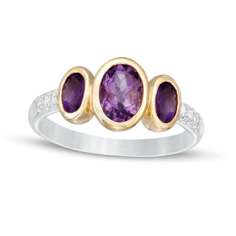 Oval Rose de France and Purple Amethyst and White Topaz Three Stone Ring in Sterling Silver and Soli