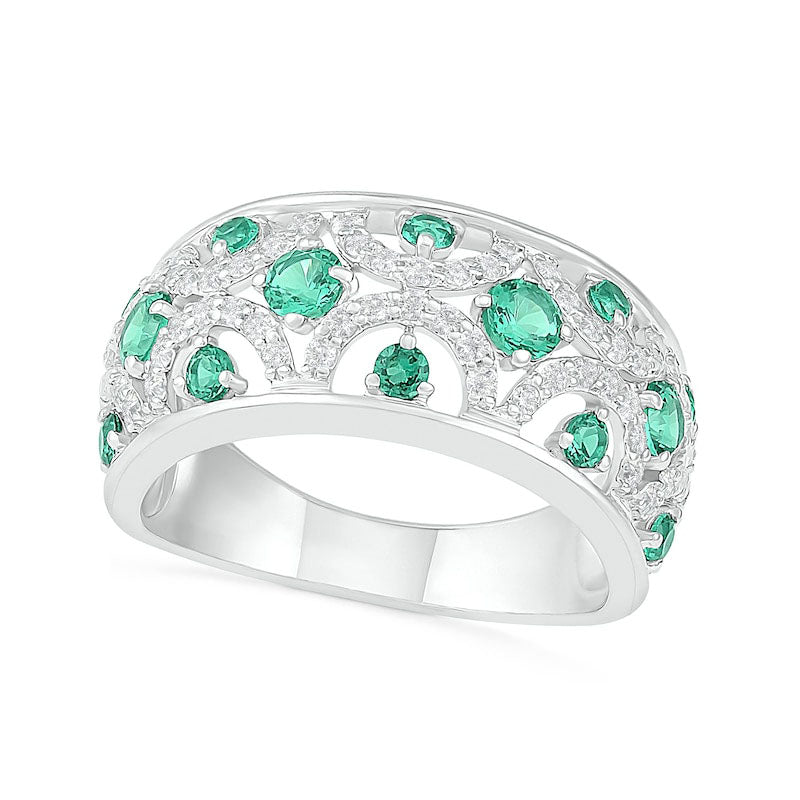 Lab-Created Emerald and White Sapphire Scallop Open Shank Ring in Sterling Silver